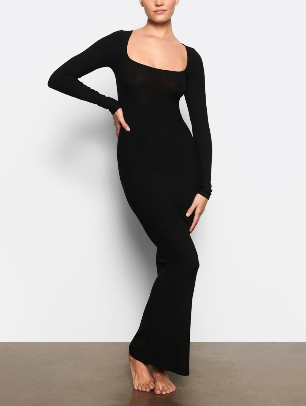 SKIMS soft Lounge Ribbed bodycon Black Long Sleeve Scoop-Neck Maxi length Dress